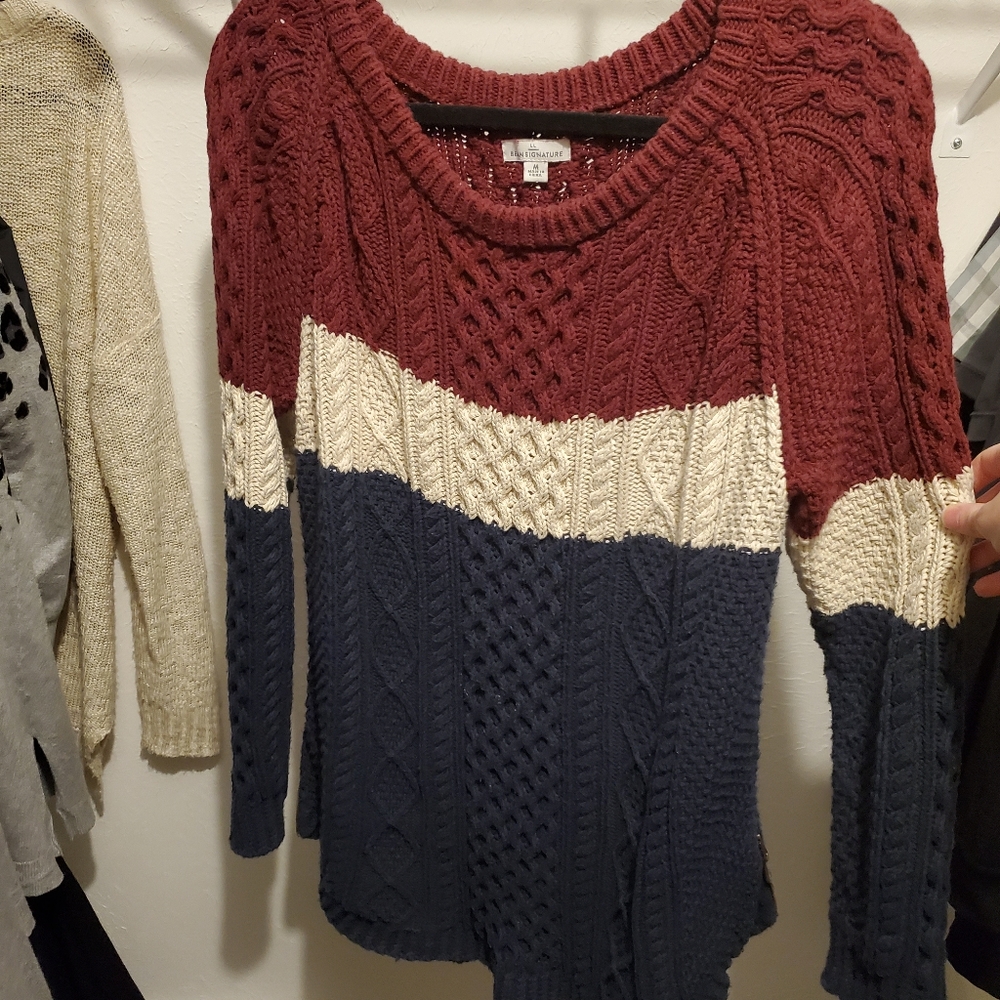 L.L. Bean Women's Cable Knit Sweater - Red, Cream, and Blue